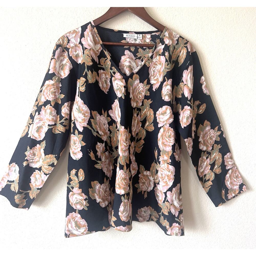 Masai Floral Tunic Blouse XL Boho Minimalist Viscose Black Pink Rose Print Top